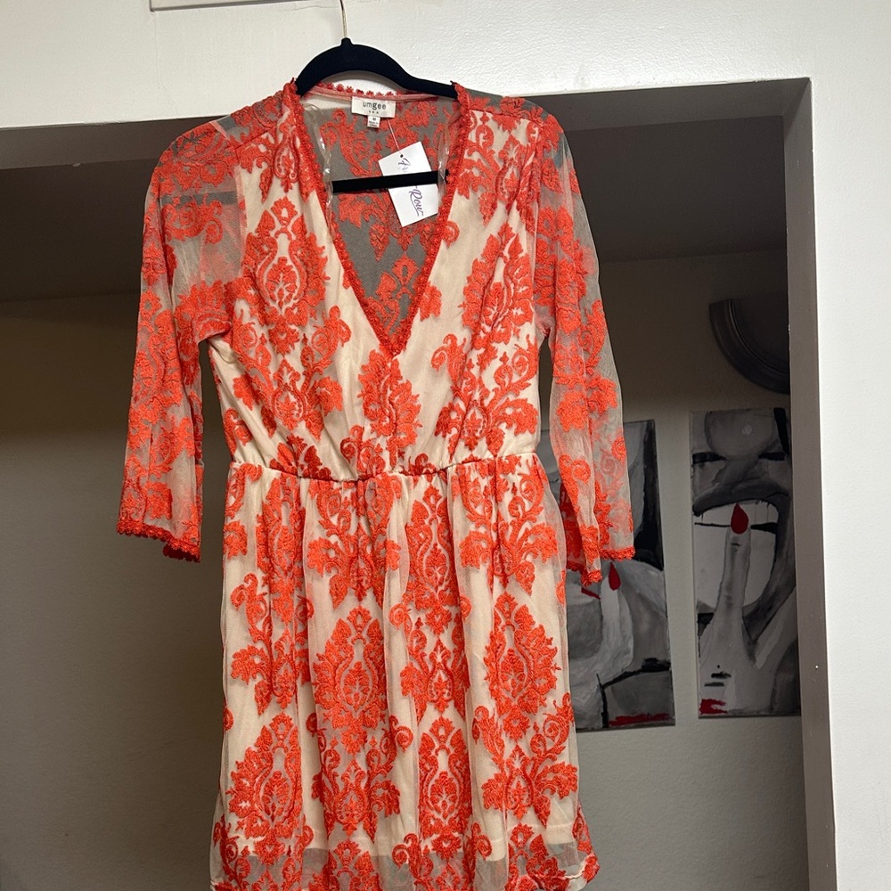 Umgee Orange and Cream Long Sleeve Dress